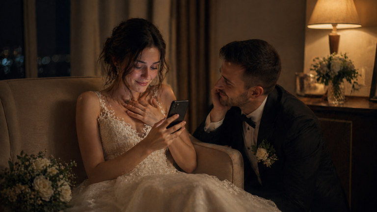 Nevjesta gleda telefon dok je mladoženja uz nju.